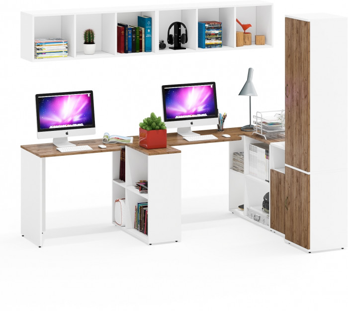 Лидер-8 Стол + Полка + Стол + Полка + Пенал МД 22Б + Тумба МД 3.19, белый шагрень/крафт золото