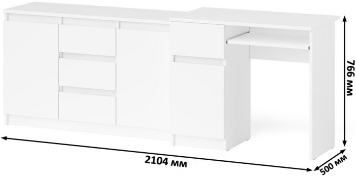 Мори компьютерный стол МС-1 левый + Комод МК1200.3, белый
