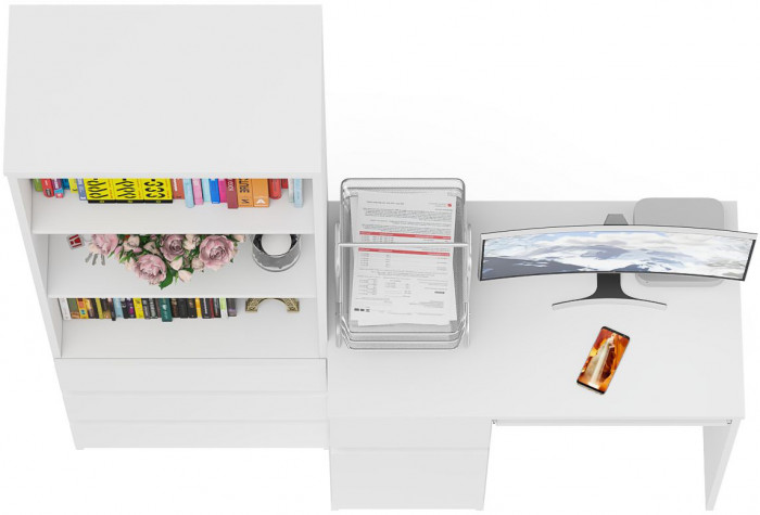 Мори компьютерный стол МС-1 левый + Стеллаж МСТ600.3, белый