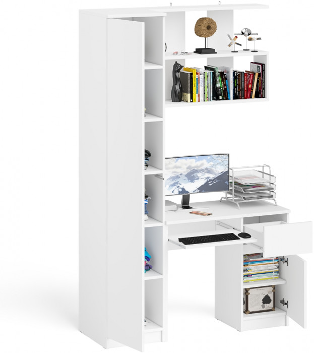 Мори компьютерный стол МС-1 правый + Пенал МШ400.1 + Полка 900, белый