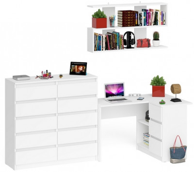 Мори компьютерный стол МС-16 правый + Комод МК1200.10 + Полка 1200, белый