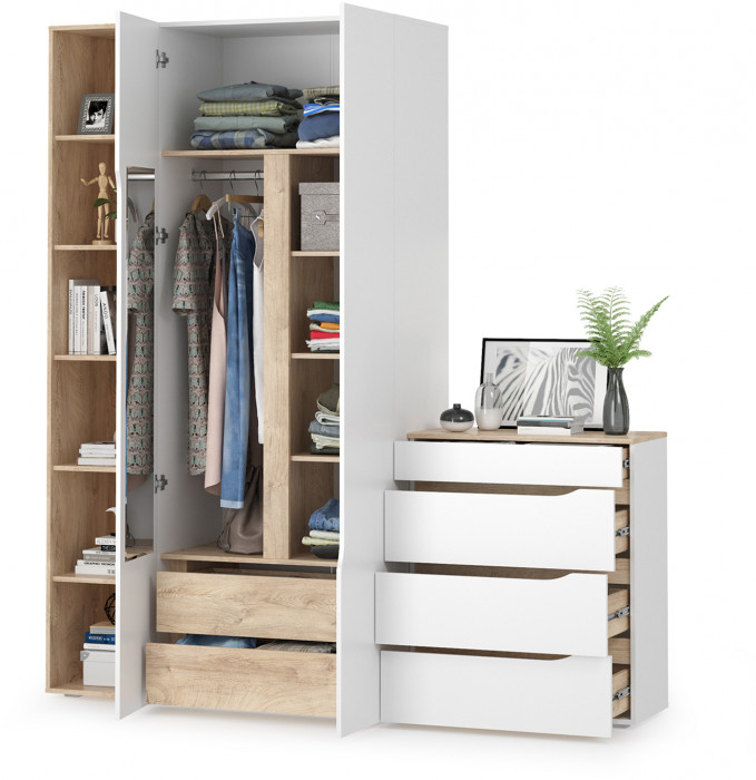 Муссон 13.198 Шкаф двухстворчатый + 13.349 Стеллаж + 13.97 Комод, белый/дуб эндгрейн элегантный