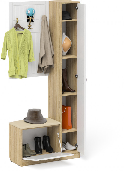 Прихожая П-6 Компоновка № 21, цвет дуб сонома/фасады МДФ белое дерево фрезеровка прованс, ШхГхВ 90х35х210 см., универсальная сборка