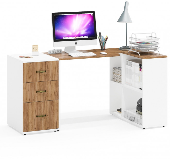 Лидер-8 Стол + Тумба МД 3.16, белый шагрень/крафт золото