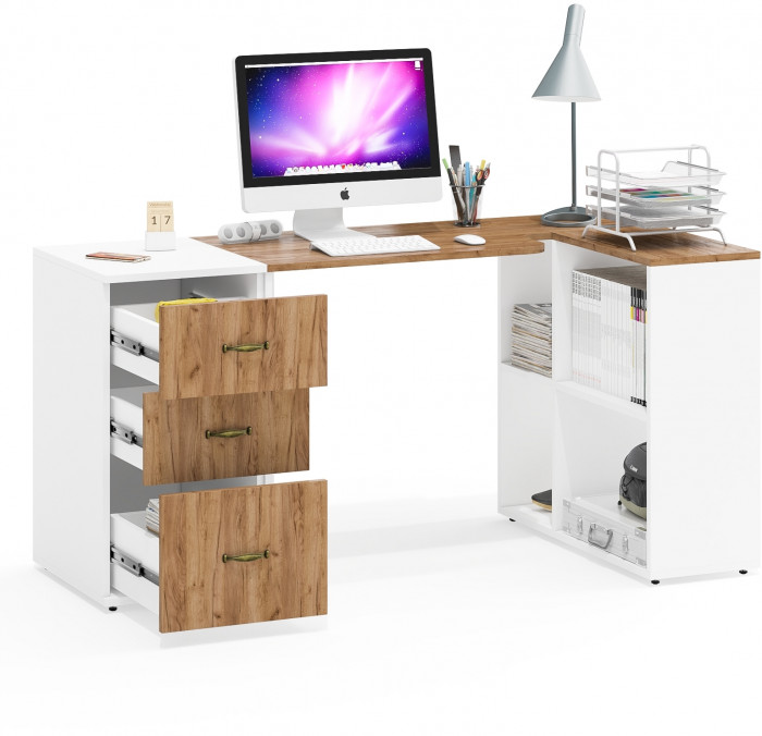 Лидер-8 Стол + Тумба МД 3.16, белый шагрень/крафт золото