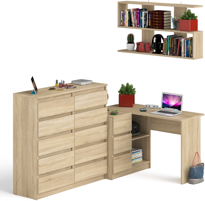 Мори компьютерный стол МС-16 левый + Комод МК1200.10 + Полка 1200, дуб сонома