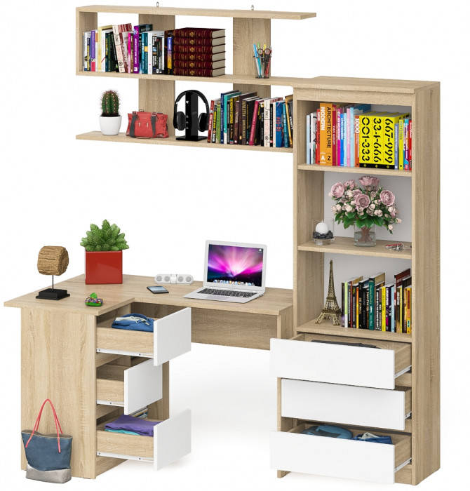 Мори компьютерный стол МС-16 левый + Стеллаж МСТ600.3 + Полка 1200, дуб сонома/белый
