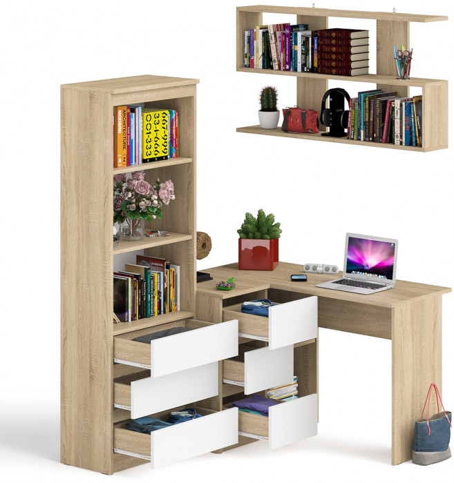 Мори компьютерный стол МС-16 левый + Стеллаж МСТ600.3 + Полка 1200, дуб сонома/белый