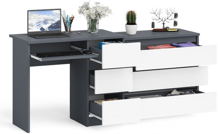 Мори Стол компьютерный МС-6 правый + Комод МК800.1, цвет графит/белый, ШхГхВ 170,4х50х76,6 см., выдвижные ящики справа, НЕ универсальная сборка