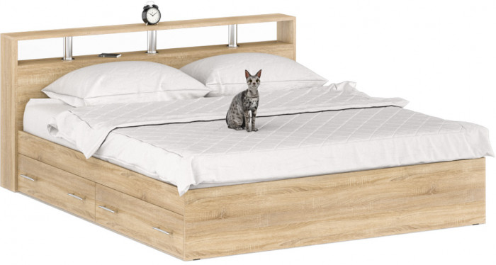 Камелия спальня № 11 Кровать с ящиками 1800 + Две тумбы + Комод + Шкаф 4-х створчатый, дуб сонома