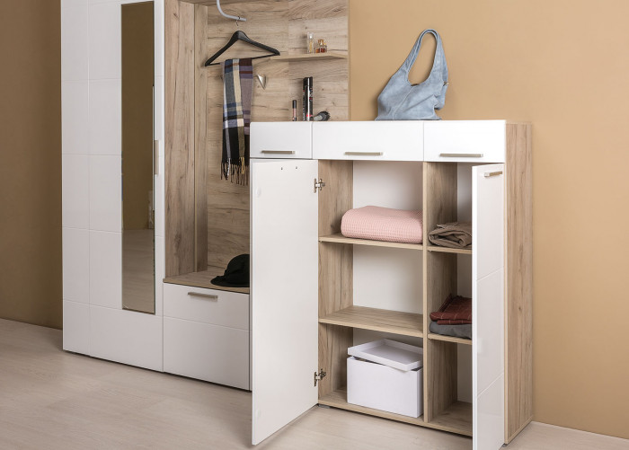 Лайн Прихожая № 09, дуб крафт серый/фасады МДФ белый глянец