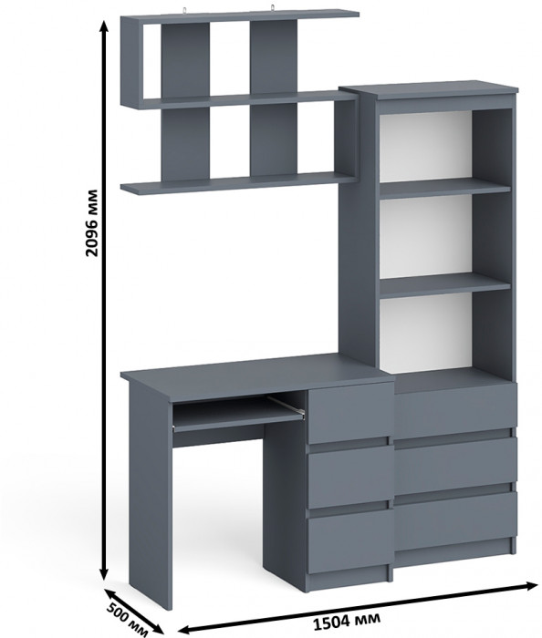 Мори компьютерный стол МС-6 правый + Стеллаж МСТ600.3 + Полка 900, графит