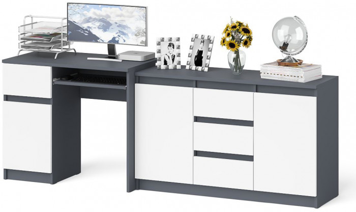 Мори компьютерный стол МС-1 левый + Комод МК1200.3, графит/белый