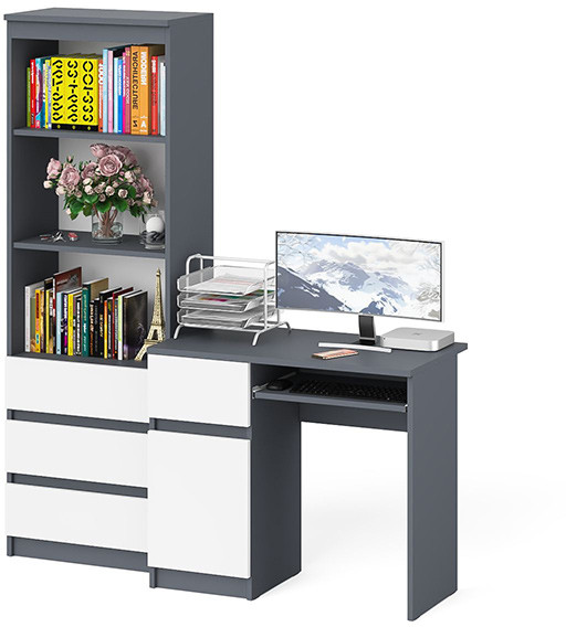 Мори компьютерный стол МС-1 левый + Стеллаж МСТ600.3, графит/белый