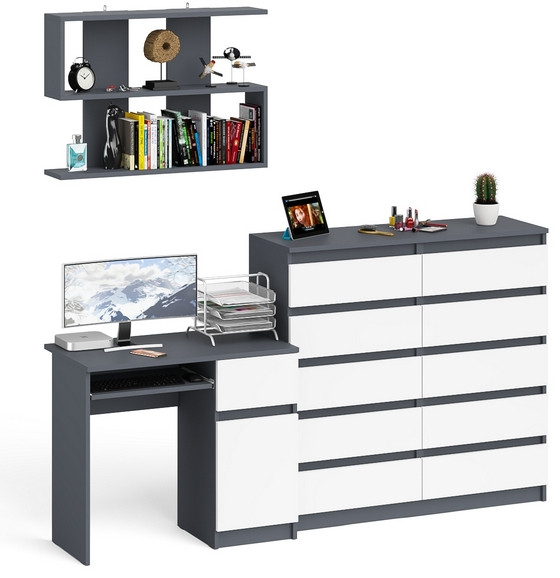 Мори компьютерный стол МС-1 правый + Комод МК1200.10 + Полка 900, графит/белый