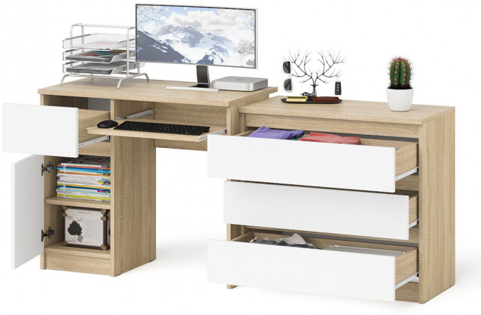 Мори компьютерный стол МС-1 левый + Комод МК800.1, дуб сонома/белый