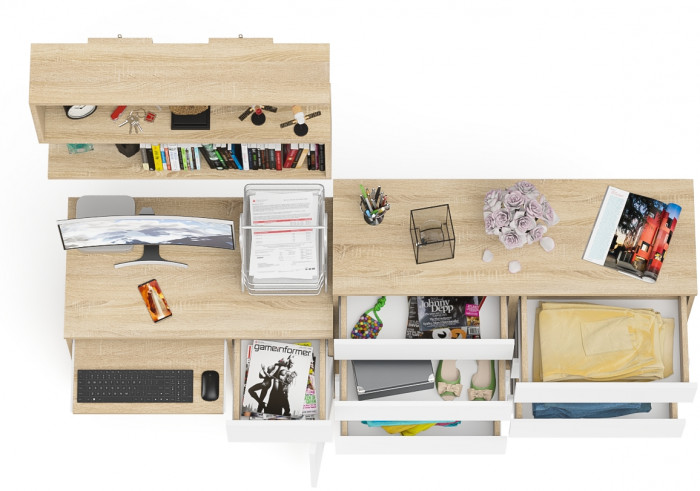 Мори Стол компьютерный МС-1 правый + Комод МК1200.8 + Полка 900, цвет дуб сонома/белый, ШхГхВ 210,4х50х209,6 см., НЕ универсальная сборка