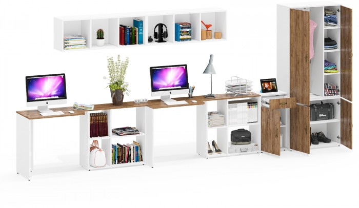 Лидер-8 Стол + Полка + Стол + Полка + Шкаф МД 20Б + Тумба МД 3.15, цвет белый шагрень/крафт золото, 450х50х75/190 или 230х200/50х75/190, НЕ ун. сб.