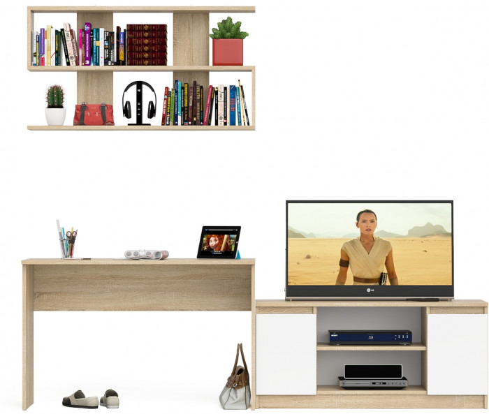 Мори Стол письменный МСП1200.1 + Тумба МТВ1200.1 + Полка 1200, цвет дуб сонома/белый, ШхГхВ 240,8х50х209,6 см., универсальная сборка