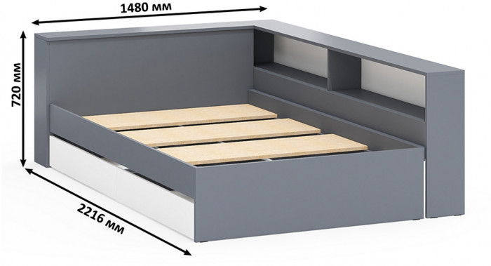 Ксения Кровать с ящиками 1200 + прикроватный блок + Столик с подсветкой 110, графит/белый