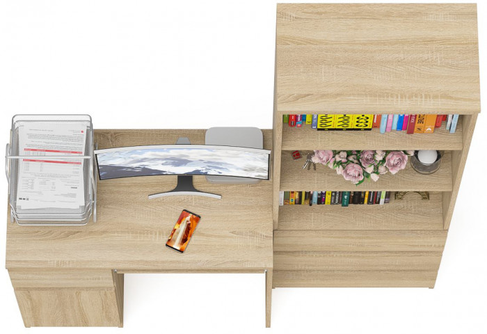 Мори компьютерный стол МС-1 левый + Стеллаж МСТ600.3, дуб сонома