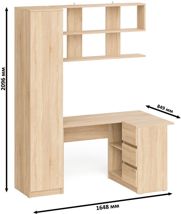 Мори компьютерный стол МС-16 правый + Пенал МШ400.1 + Полка 1200, дуб сонома