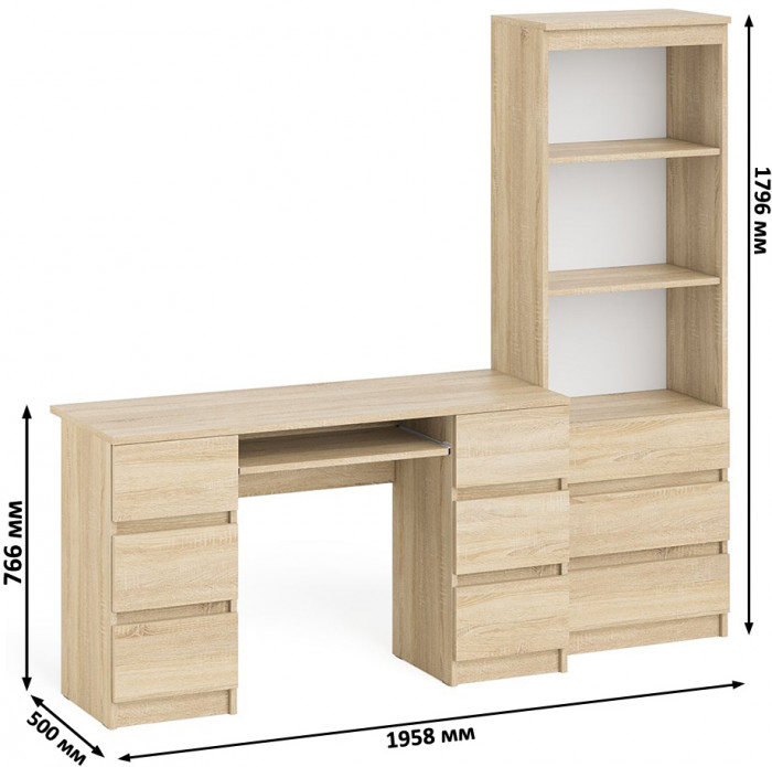 Мори компьютерный стол МС-2 + Стеллаж МСТ600.3, дуб сонома