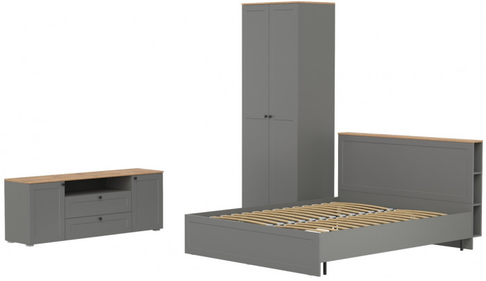 Остин 11.53 Кровать + ортопед + 13.336.02 Шкаф для одежды + 16.47 Тумба под ТВ, серый графит/дуб крафт золотой