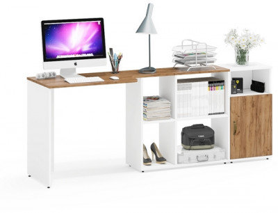 Лидер-8 Стол + Тумба МД 3.19, цвет белый шагрень/крафт золото, ШхГхВ 205х50/30х75 см. или 115х50/120х75 см., НЕ универсальная сборка