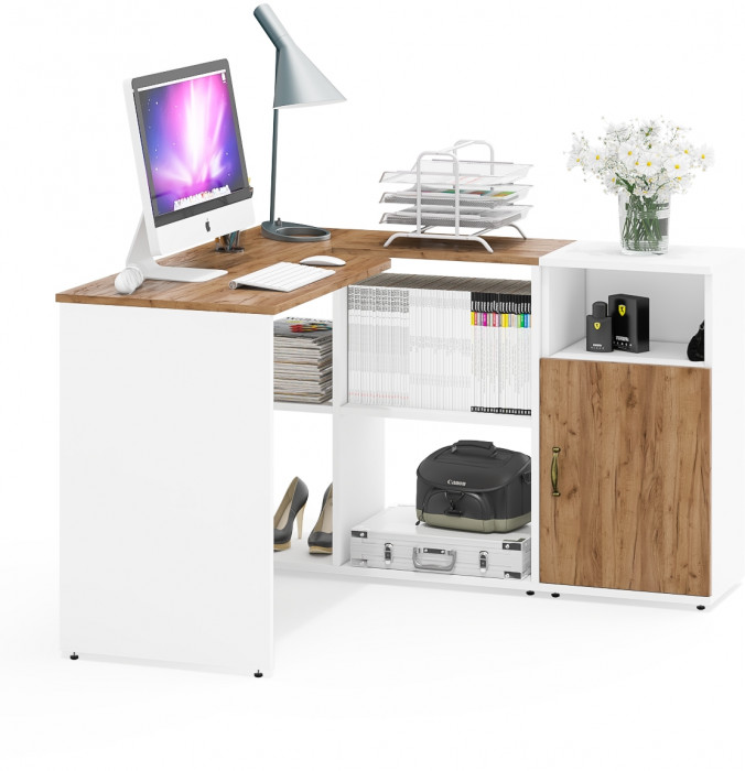 Лидер-8 Стол + Тумба МД 3.19, цвет белый шагрень/крафт золото, ШхГхВ 205х50/30х75 см. или 115х50/120х75 см., НЕ универсальная сборка