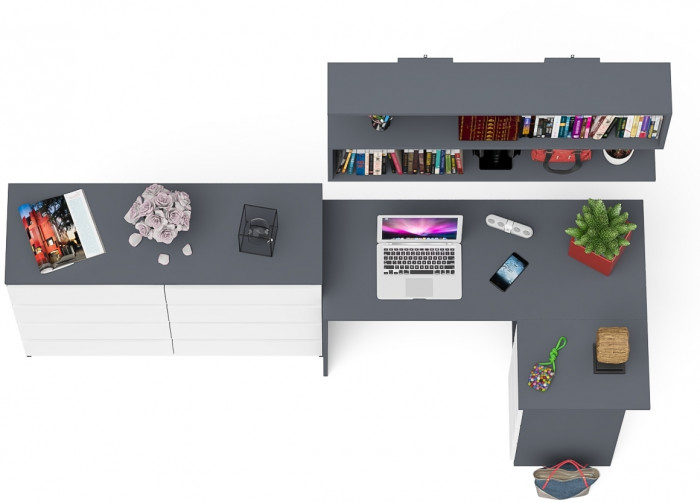 Мори компьютерный стол МС-16 правый + Комод МК1200.8 + Полка 1200, графит/белый