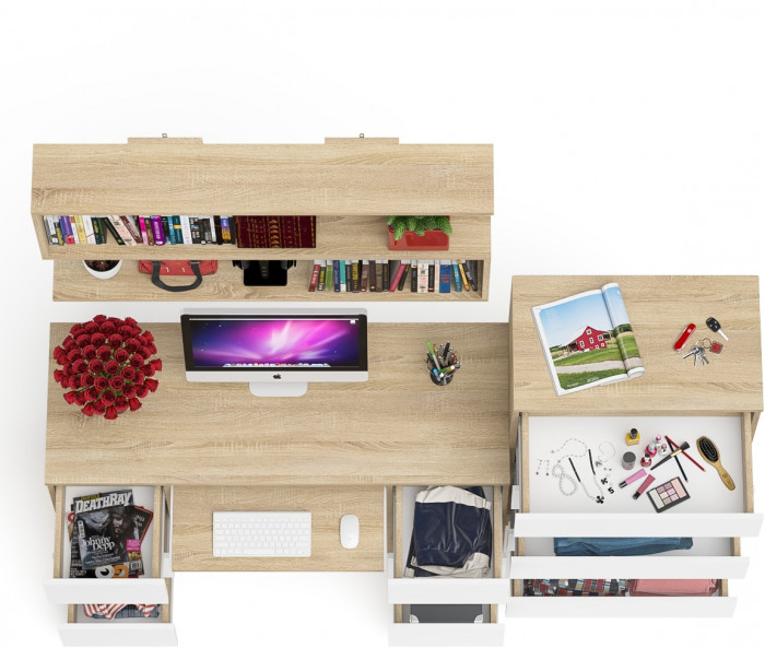 Мори компьютерный стол МС-2 + Комод МК700.5 + Полка 1200, дуб сонома/белый