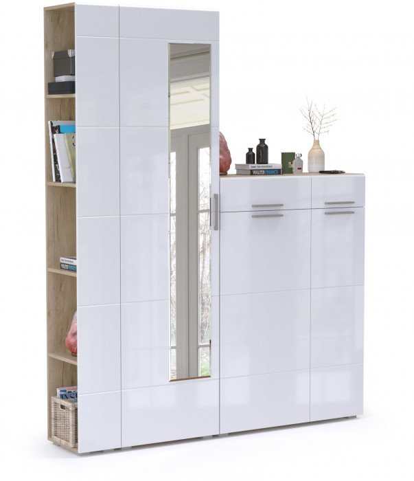 Лайн Прихожая № 12, дуб крафт серый/фасады МДФ белый глянец