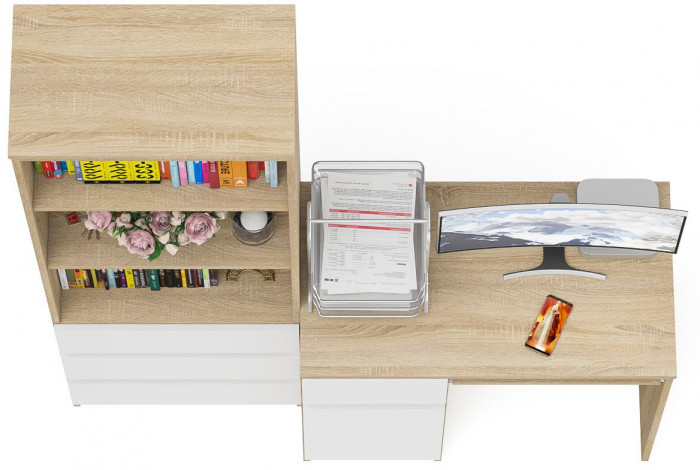 Мори компьютерный стол МС-1 левый + Стеллаж МСТ600.3, дуб сонома/белый