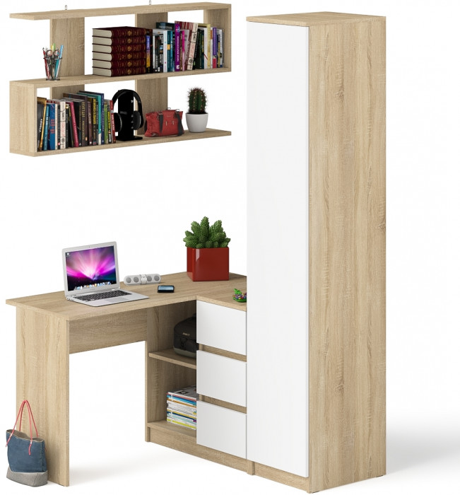Мори компьютерный стол МС-16 правый + Пенал МШ400.1 + Полка 1200, дуб сонома/белый