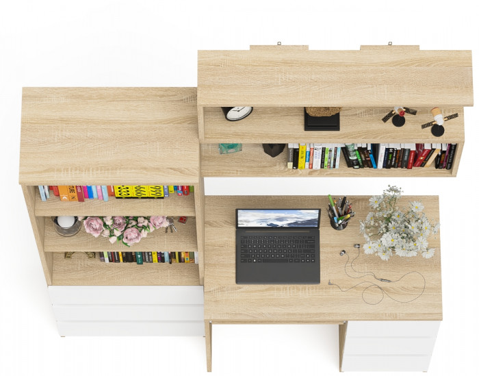 Мори компьютерный стол МС-6 правый + Стеллаж МСТ600.3 + Полка 900, дуб сонома/белый