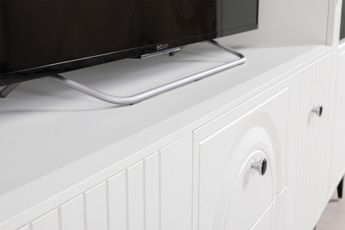 Валенсия Гостиная № 066, цвет ЛДСП белый шагрень/МДФ белый шагрень, ШхГхВ 327,2х38,3х225,2 см., ниша для ТВ 133х38х117 см., универсальная сборка