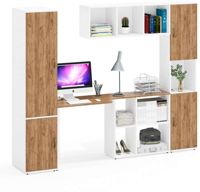 Лидер-8 Пенал МД 23Б + Стол + Полка + Пенал, белый шагрень/крафт золото