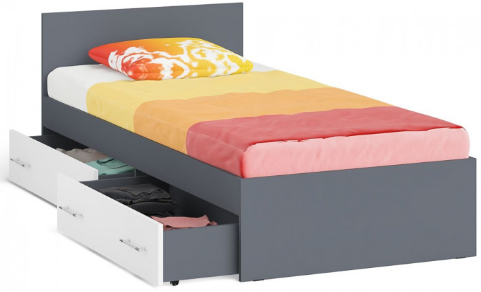 Мори Кровать с ящиками 0900, цвет графит/белый, ШхГхВ 93,5х203,5х70 см., сп.м. 900х2000 мм., без матраса, основание есть