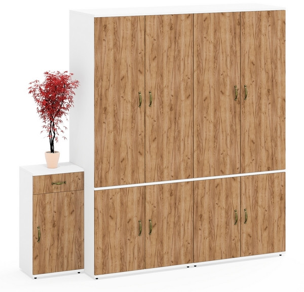 Лидер-8 Шкаф МД 19Б + Шкаф МД 19Б + Тумба МД 3.15, цвет белый шагрень/крафт золото, ШхГхВ 200х50х190 см., универсальная сборка