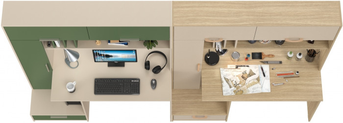 Два Стола письменных Лайт 03.243Н, цвет сатин/дымчатый зелёный/плэйн/сатин, ШхГхВ 300,4х57,3х179,9 см., НЕ универсальная сборка