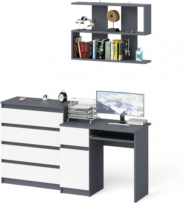 Мори компьютерный стол МС-1 левый + Комод МК800.4 + Полка 900, графит/белый