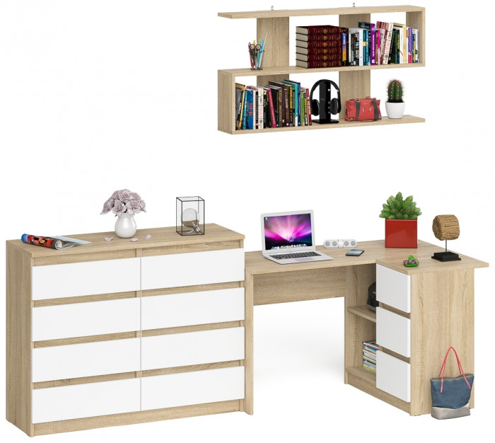 Мори компьютерный стол МС-16 правый + Комод МК1200.8 + Полка 1200, дуб сонома/белый