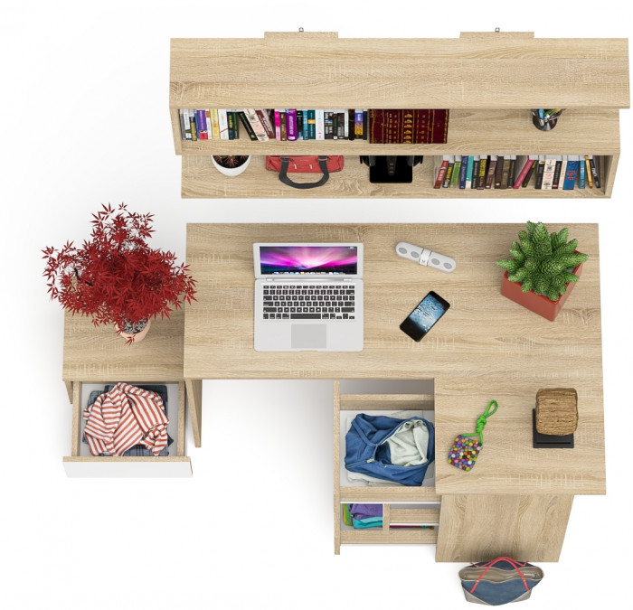 Мори компьютерный стол МС-16 правый + Тумба ТМП400.1 + Полка 1200, дуб сонома/белый