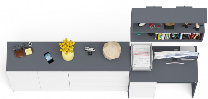 Мори Стол компьютерный МС-1 левый + Комод МК1600.1 + Полка 900, цвет графит/белый, ШхГхВ 250,4х50х209,6 см., НЕ универсальная сборка