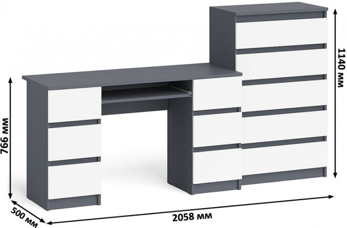 Мори компьютерный стол МС-2 + Комод МК700.5, графит/белый
