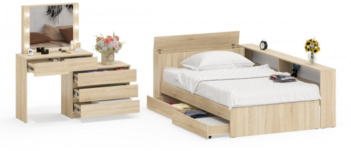 Ксения Кровать с ящиками 1200 + прикроватный блок + Столик с подсветкой 110, дуб сонома