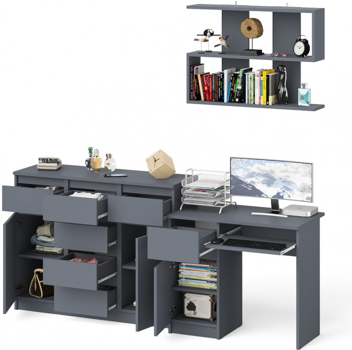 Мори компьютерный стол МС-1 левый + Комод МК1200.4 + Полка 900, графит