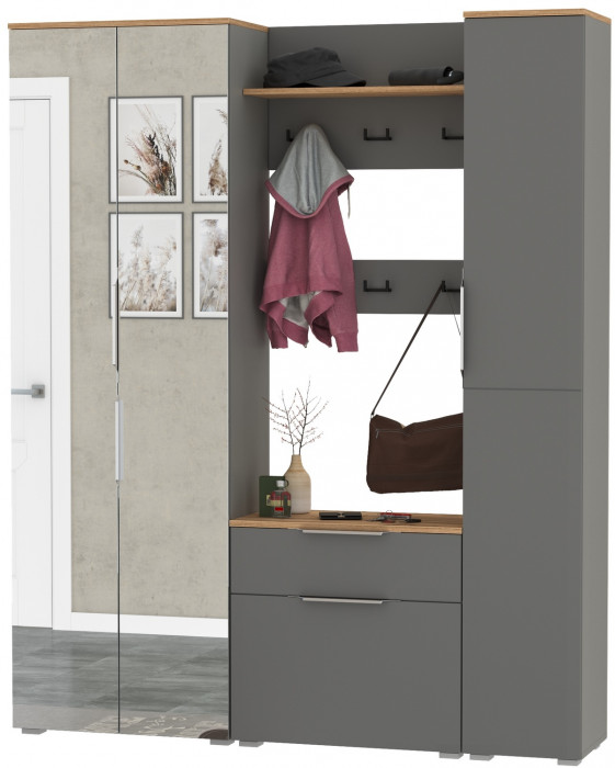 Октава Прихожая 15-123Н, цвет серый графит/дуб крафт золотой/фасады МДФ серый графит, ШхГхВ 161,5х35,4х197,6 см., универсальная сборка