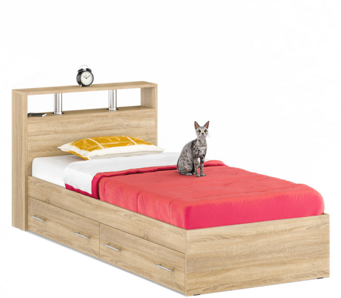 Камелия Кровать с ящиками 0900, цвет дуб сонома, ШхГхВ 93,5х217х78,2 см., сп.м. 900х2000 мм., без матраса, основание есть